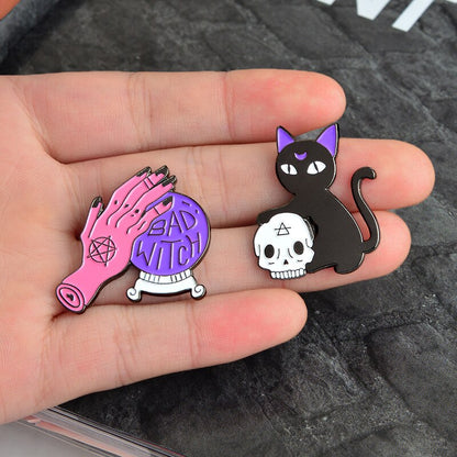 Bad Witch & Black Cat Skull Pin