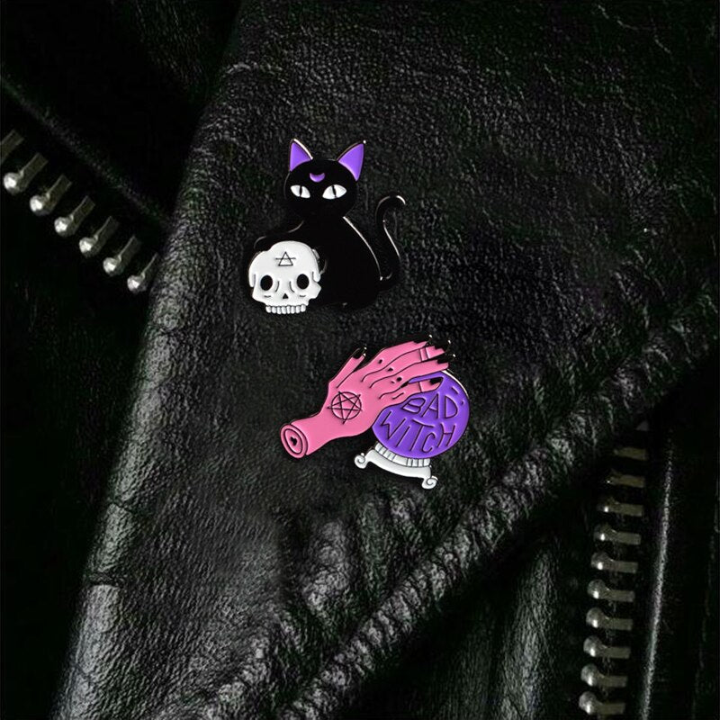 Bad Witch & Black Cat Skull Pin