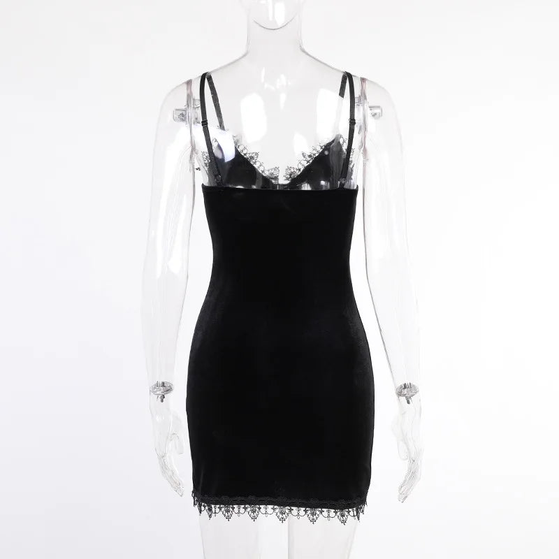 Gothic Black Lace Slit Mini Dress with Cross Detail and Spaghetti Straps