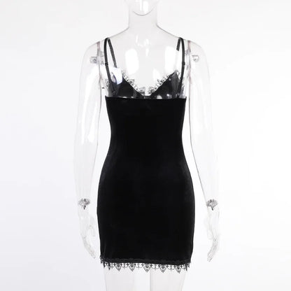 Gothic Black Lace Slit Mini Dress with Cross Detail and Spaghetti Straps