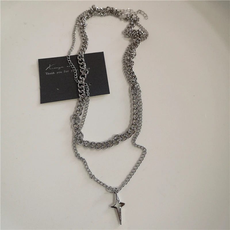Y2K Punk Heart Cross Pendant Necklace - Grunge Goth Chain for Men Women