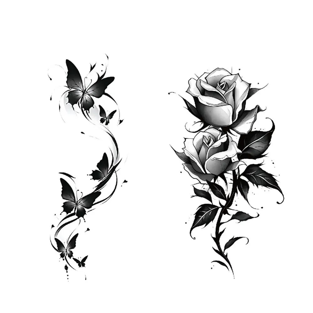 2pcs Black Rose Butterfly Waterproof Temporary Tattoo Stickers, Floral Body Art