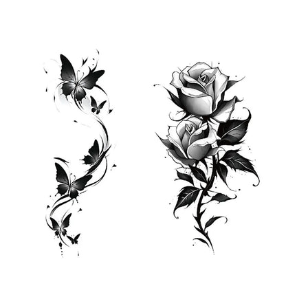 2pcs Black Rose Butterfly Waterproof Temporary Tattoo Stickers, Floral Body Art