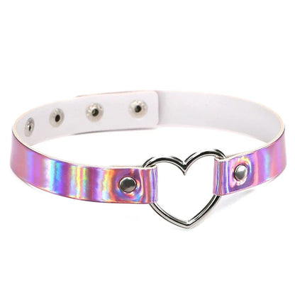 Holographic Heart Ring PU Leather Choker Necklace - Gothic Laser Collar