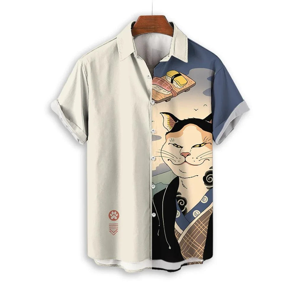 Men's Samurai Cat Print Hawaiian Shirt - Short Sleeve Loose Casual Anime Blouse