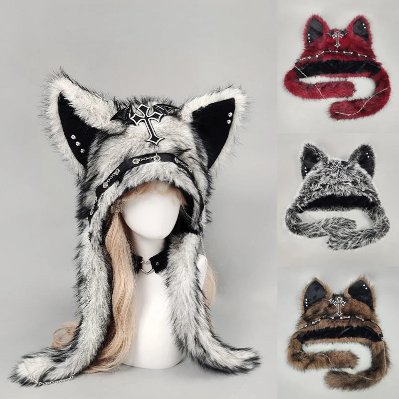 Gothic Plush Cross Metal Cat Ear Hat - Y2K Punk Winter Beanie