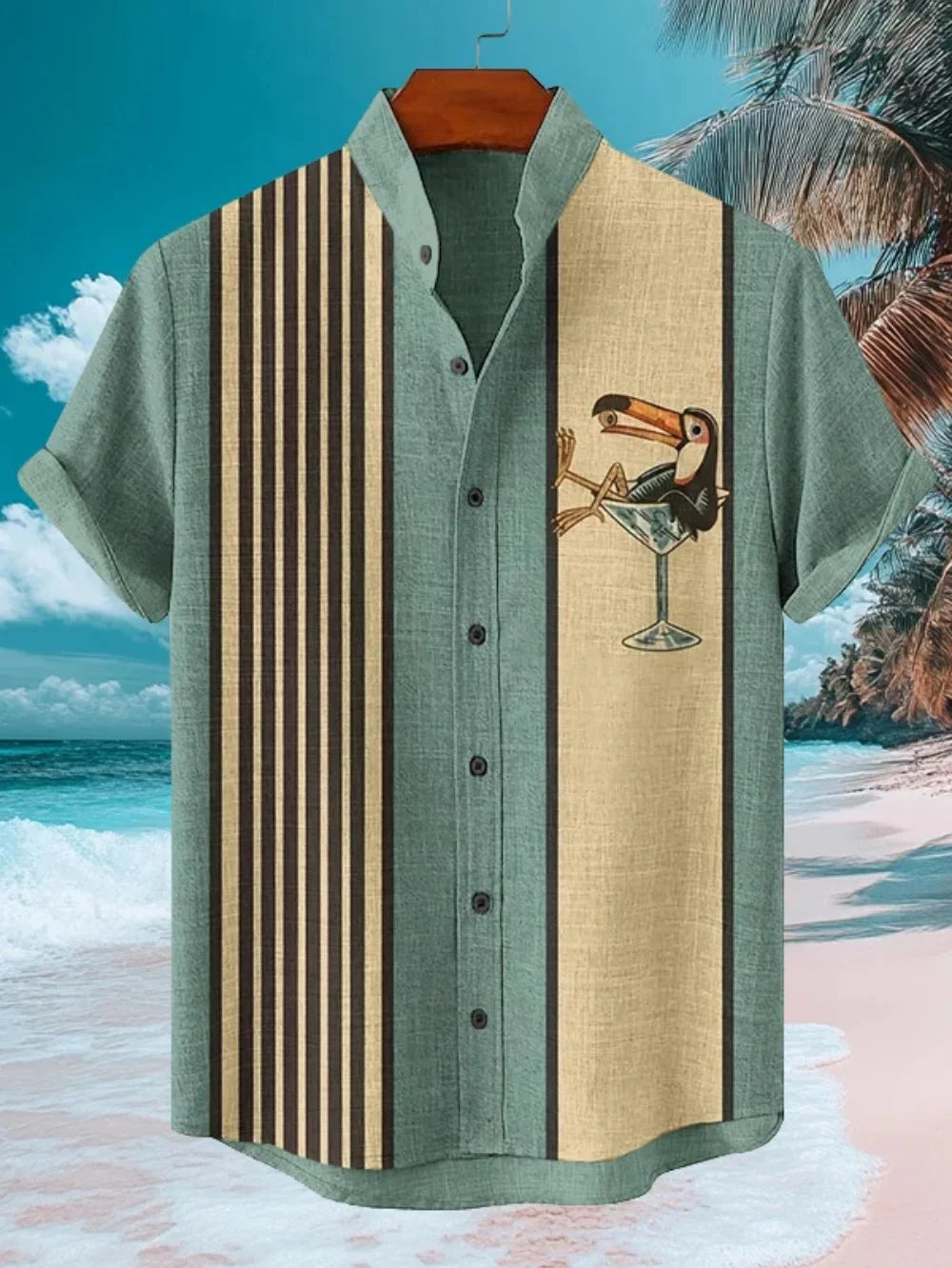 Men's Japanese Retro Black Cat Print Linen Shirt - Short Sleeve Stand Collar Casual Top