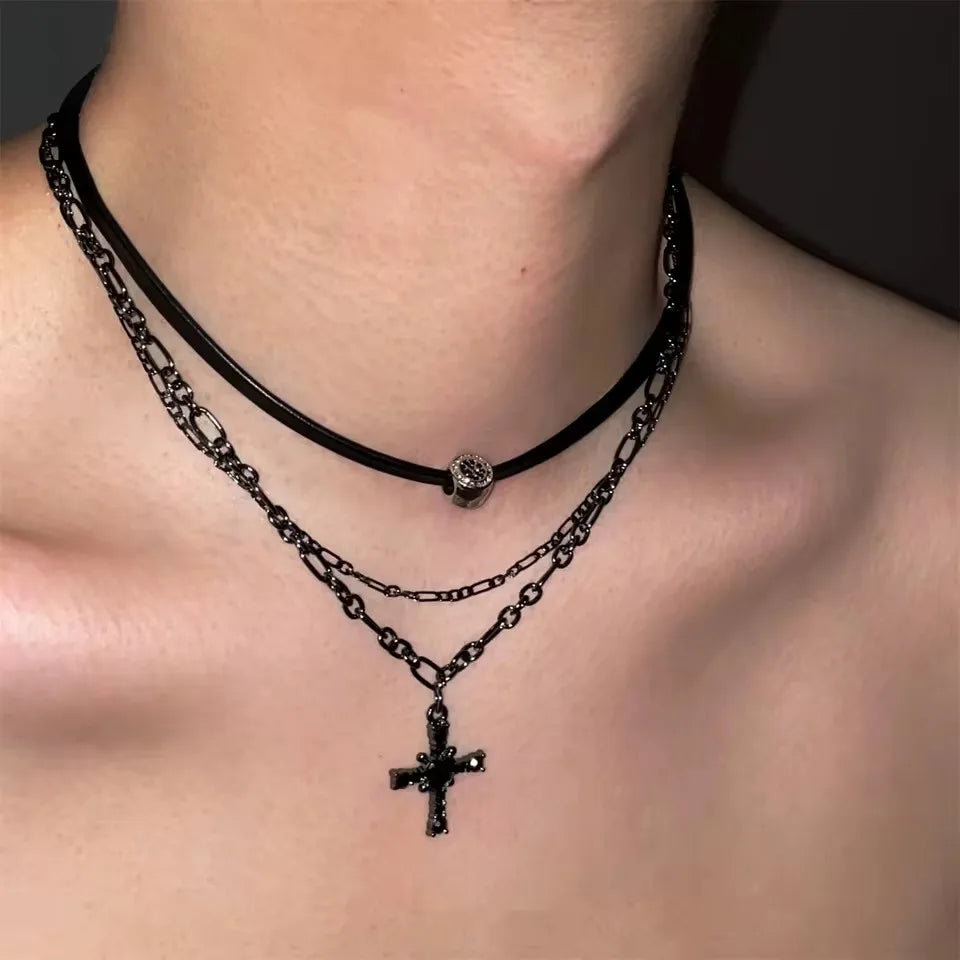 Punk Star Heart Cross Double Layer Chain Necklace – Y2K Grunge & EMO Rock Style for Men and Women
