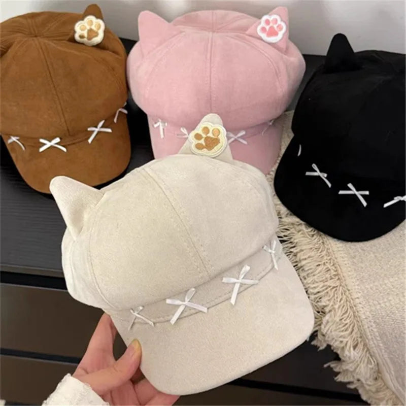 Vintage Cat Ear Newsboy Cap - Harajuku Kawaii Cat Paw Baker Boy Beret Hat