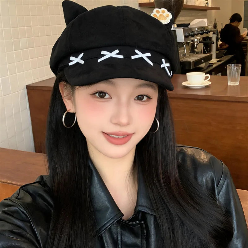 Vintage Cat Ear Newsboy Cap - Harajuku Kawaii Cat Paw Baker Boy Beret Hat