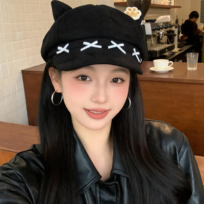 Vintage Cat Ear Newsboy Cap - Harajuku Kawaii Cat Paw Baker Boy Beret Hat