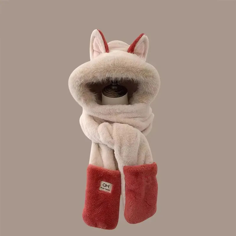 Fox Ear Plush Hat and Scarf Set - Warm Furry Winter Ear Protection Hood