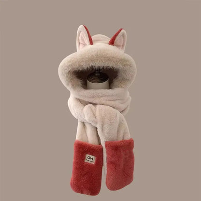 Fox Ear Plush Hat and Scarf Set - Warm Furry Winter Ear Protection Hood