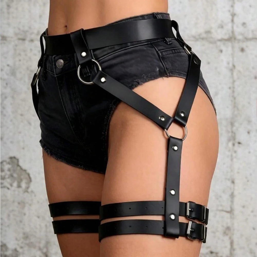 Black Punk Style Leather Strappy Leg Ring Waist Belt Harness