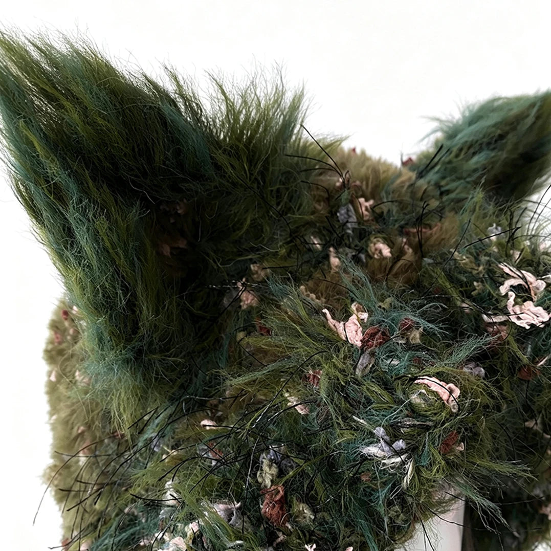 Handmade Crochet Moss Green Fox Ear Hat – Plush Floral Knit Goblincore Winter Hood