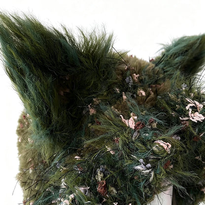 Handmade Crochet Moss Green Fox Ear Hat – Plush Floral Knit Goblincore Winter Hood