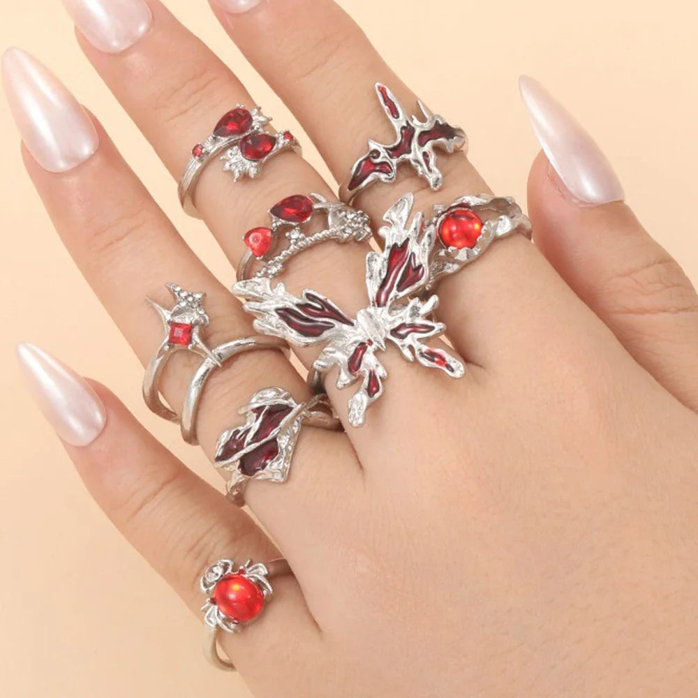 Gothic Red Crystal Heart Rings Set – 8pcs Irregular Y2K Butterfly Spider Aesthetic Jewelry for Women