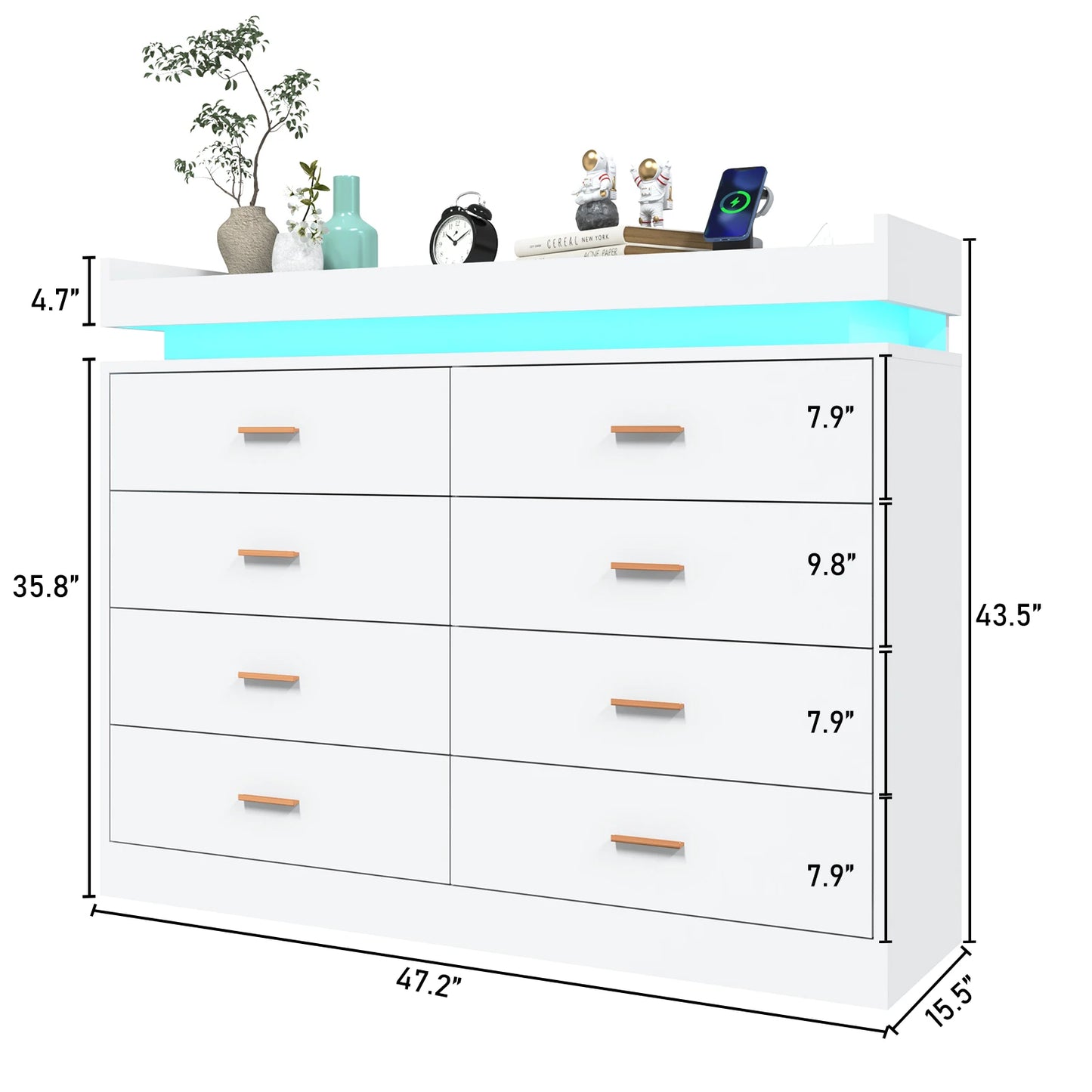 8 Drawer Dresser with LED Light, Modern Chest of Drawers for Closet, 47" Wide Drawer Organizer Cabinet for Bedroom, Living Room