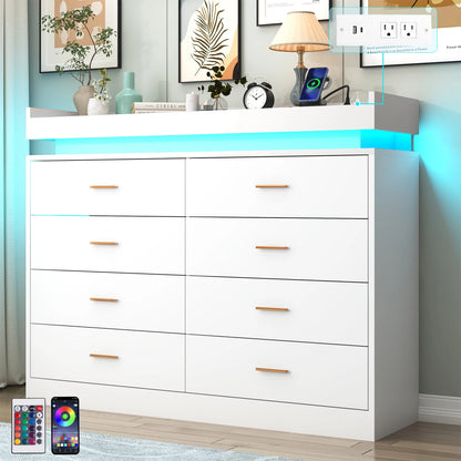8 Drawer Dresser with LED Light, Modern Chest of Drawers for Closet, 47" Wide Drawer Organizer Cabinet for Bedroom, Living Room
