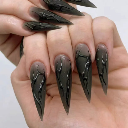 24pcs Halloween Black Snake Press On Nails, Gothic Y2K Long Pointy Nail Tips