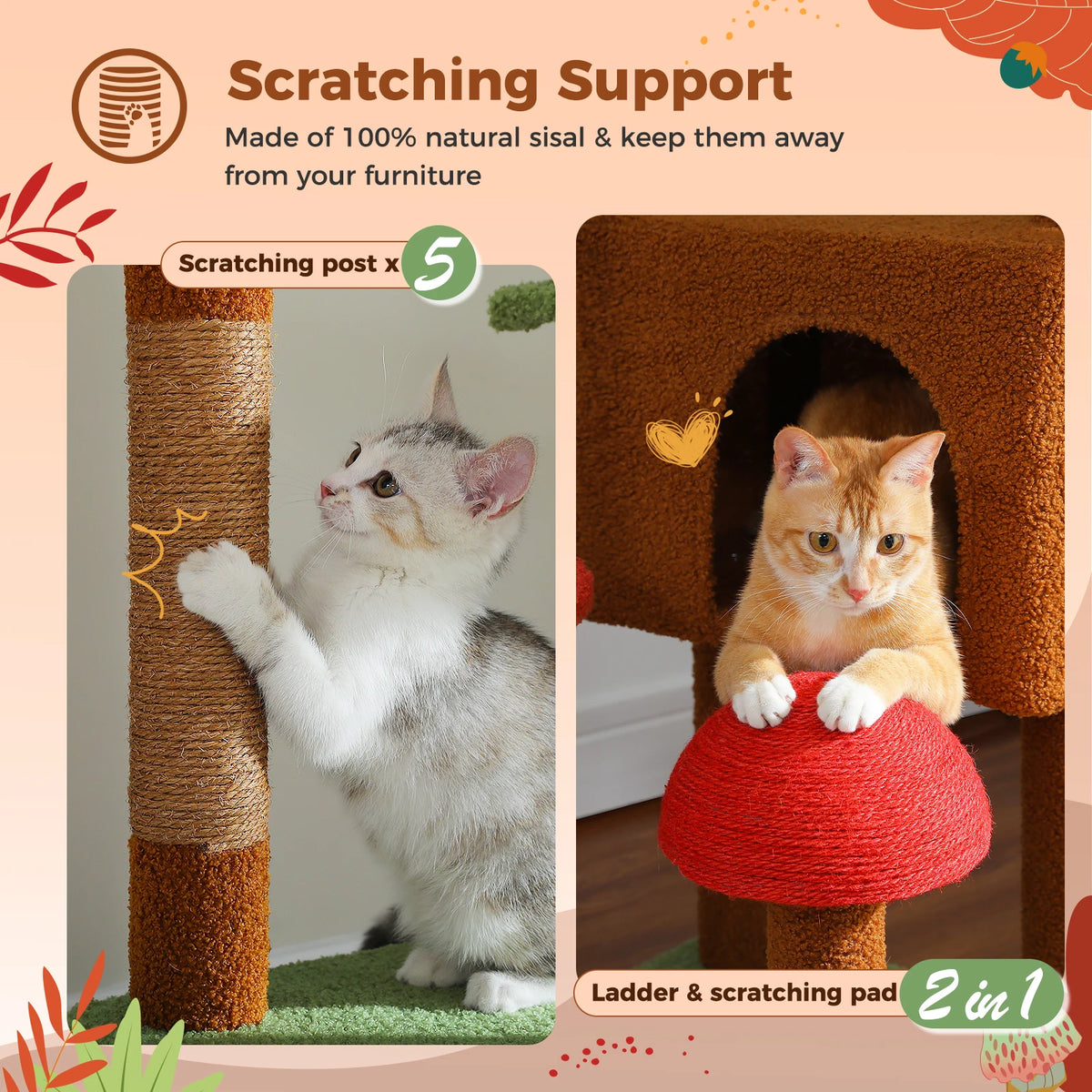 Cat Tree Floor to Ceiling Cat Tower Adjustable Height with Cat Condo Cozy Hammock and Scratching Post Tall Activity Tree Autumn Vibe