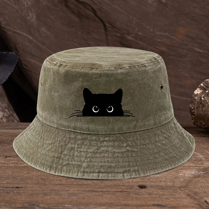 Black Cat Print Vintage Bucket Hat – Unisex Outdoor Travel Fisherman Hat
