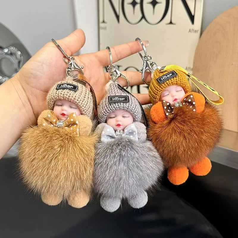 Cute Fluffy Sleepy Doll Keychain – Kawaii Plush Bag Charm Car Key Ring Gift