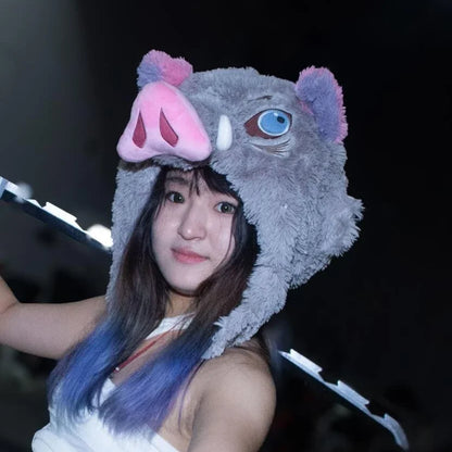 Wild Boar Head Plush Hat – Inosuke Style Winter Cosplay Headgear