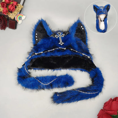 Gothic Plush Cross Metal Cat Ear Hat - Y2K Punk Winter Beanie