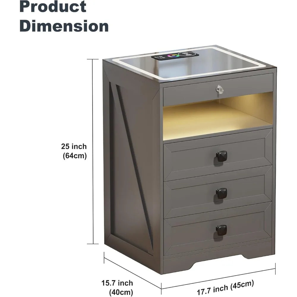 LED Nightstand with 3 Drawers, Glass Top Bedside Table with Wireless Charging Station, Modern Night Stand with Auto Senso