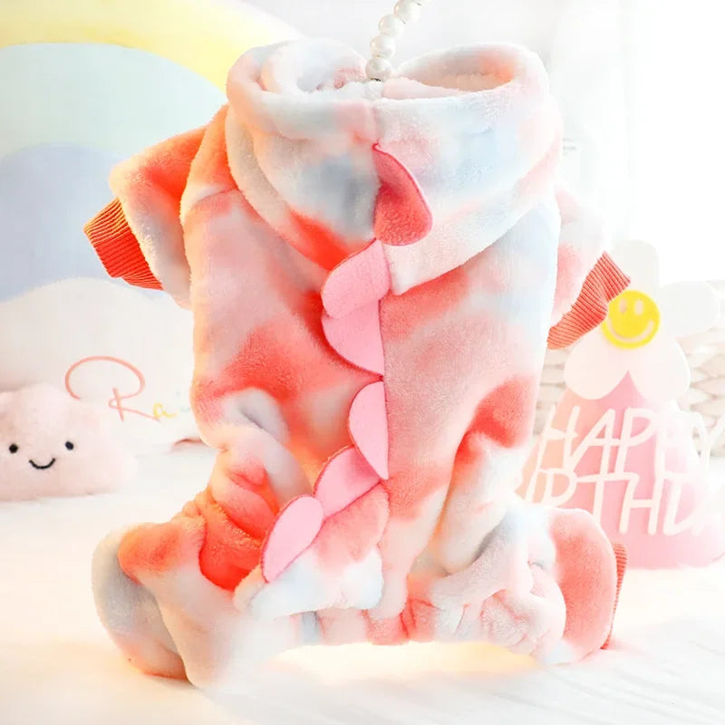 Plush Dinosaur Pajama Jumpsuit for Cats & Small Dogs – Cozy Winter Costume