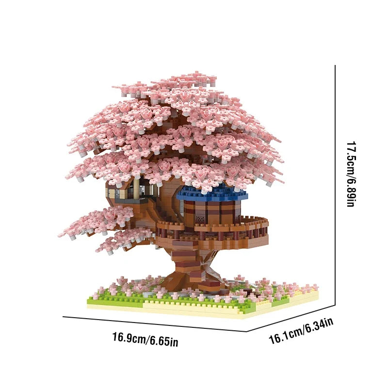 Sakura Cherry Blossom Treehouse Building Block Set with LED Light - Mini Brick Model Gift