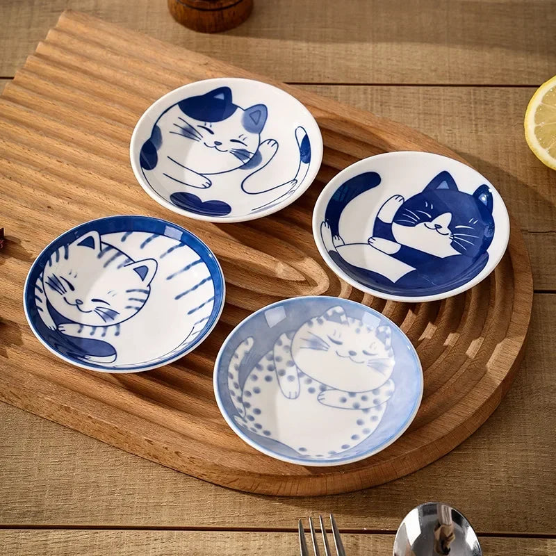Lucky Cat Ceramic Sauce Dishes Set – 4pc Japanese Style Sushi Plates