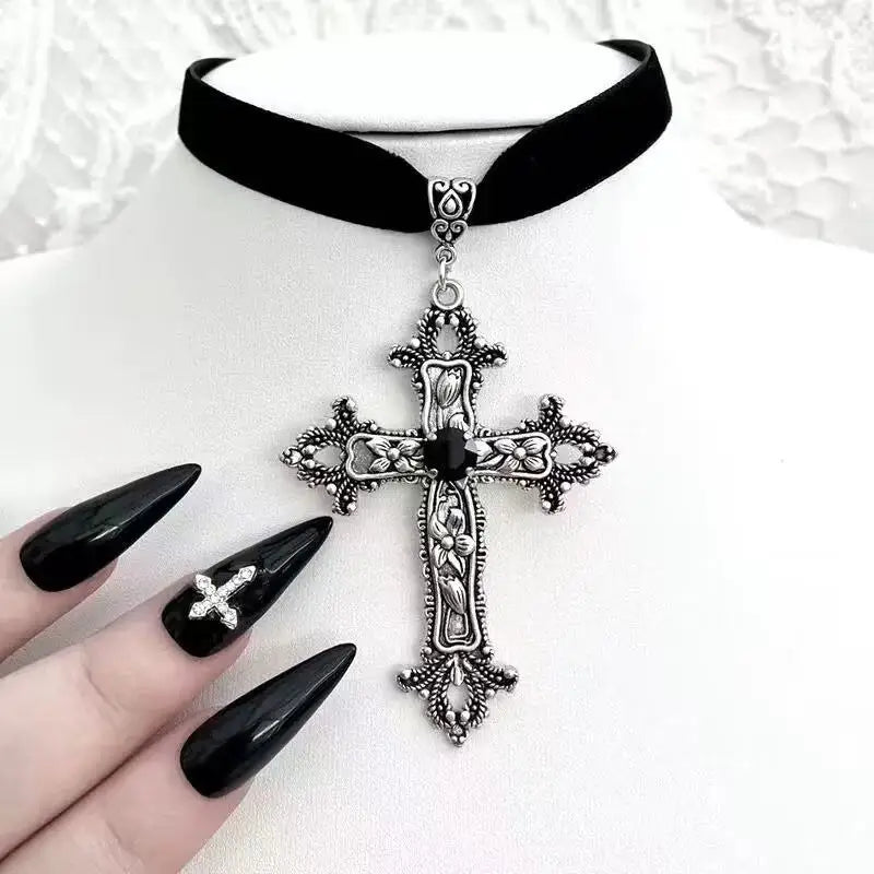 Gothic Black Zircon Crucifix Drop Earrings – Silver Punk Cross Dangle Earrings for Women