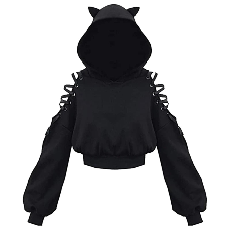 Y2K Gothic Cat Ear Crop Hoodie for Women - Hollow Out Lace-Up Long Sleeve Pullover