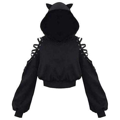 Y2K Gothic Cat Ear Crop Hoodie for Women - Hollow Out Lace-Up Long Sleeve Pullover