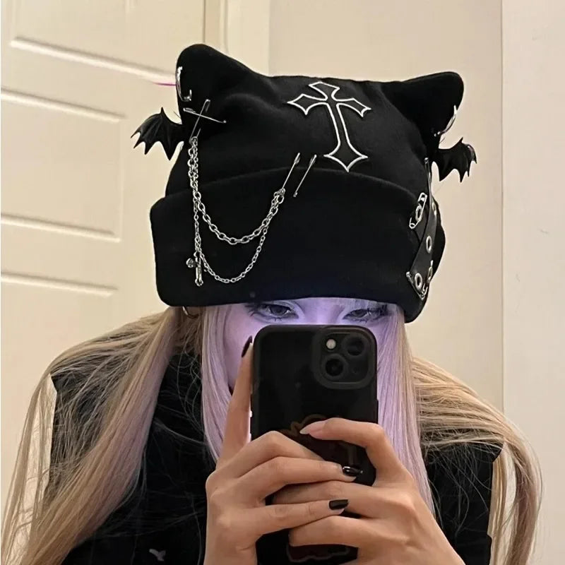 Gothic Grunge Cat Ear Bat Wing Black Beanie – Punk Cross Chain Knit Hat
