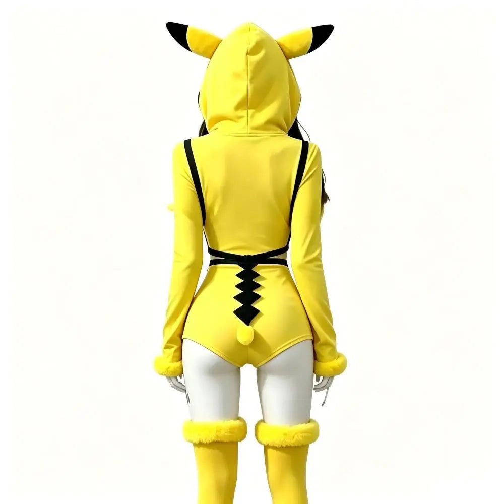 Pikachu Cosplay Hooded Bodysuit for Women – Yellow Plush Jumpsuit with Tail and Socks