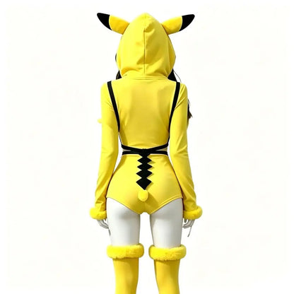 Pikachu Cosplay Hooded Bodysuit for Women – Yellow Plush Jumpsuit with Tail and Socks