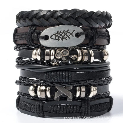 Black Punk Skull & Star Leather Bracelet Set – Gothic Alloy Wristband for Men & Women