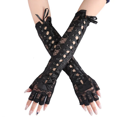 Fingerless Fishnet Lace Gloves Women Gothic Lolita Ribbon Long Elbow Mittens