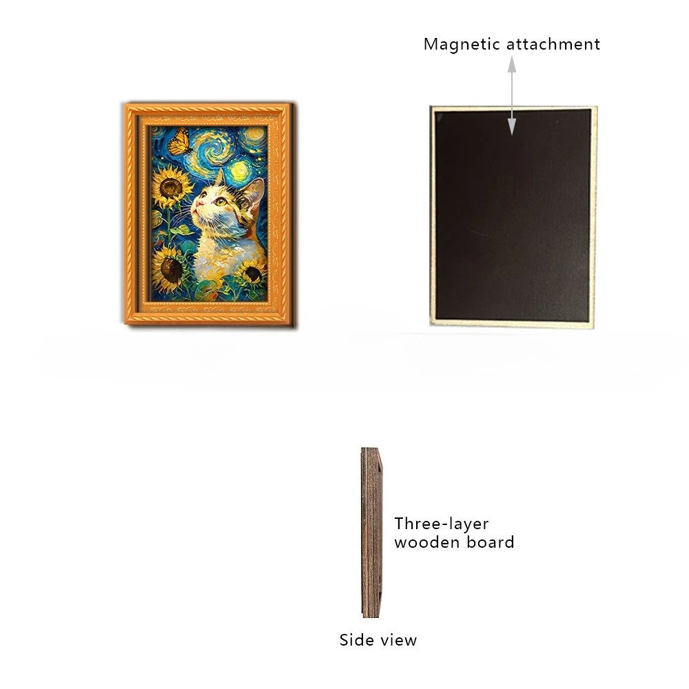 Famous Art Funny Cat Wooden Mini Frame Fridge Magnet