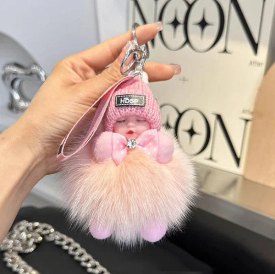 Cute Fluffy Sleepy Doll Keychain – Kawaii Plush Bag Charm Car Key Ring Gift
