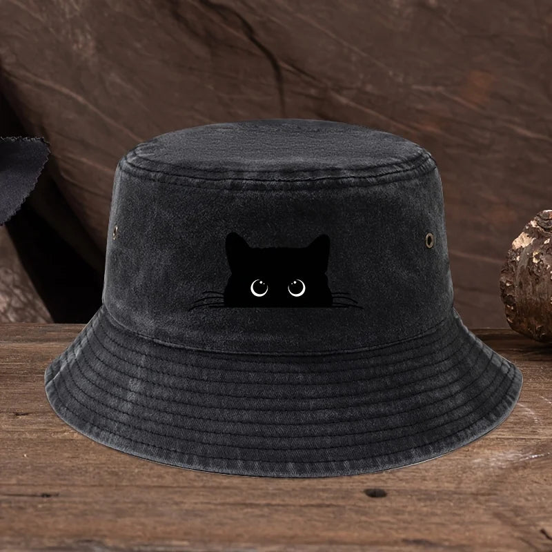 Black Cat Print Vintage Bucket Hat – Unisex Outdoor Travel Fisherman Hat