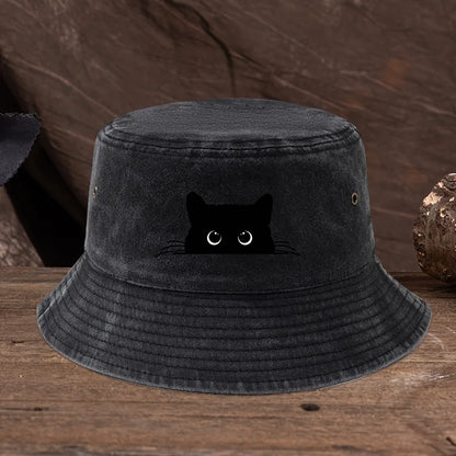 Black Cat Print Vintage Bucket Hat – Unisex Outdoor Travel Fisherman Hat