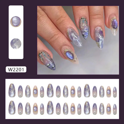 Y2K Star Press On Nails 24pcs – Blue Gradient French Gold Moon Almond False Nails