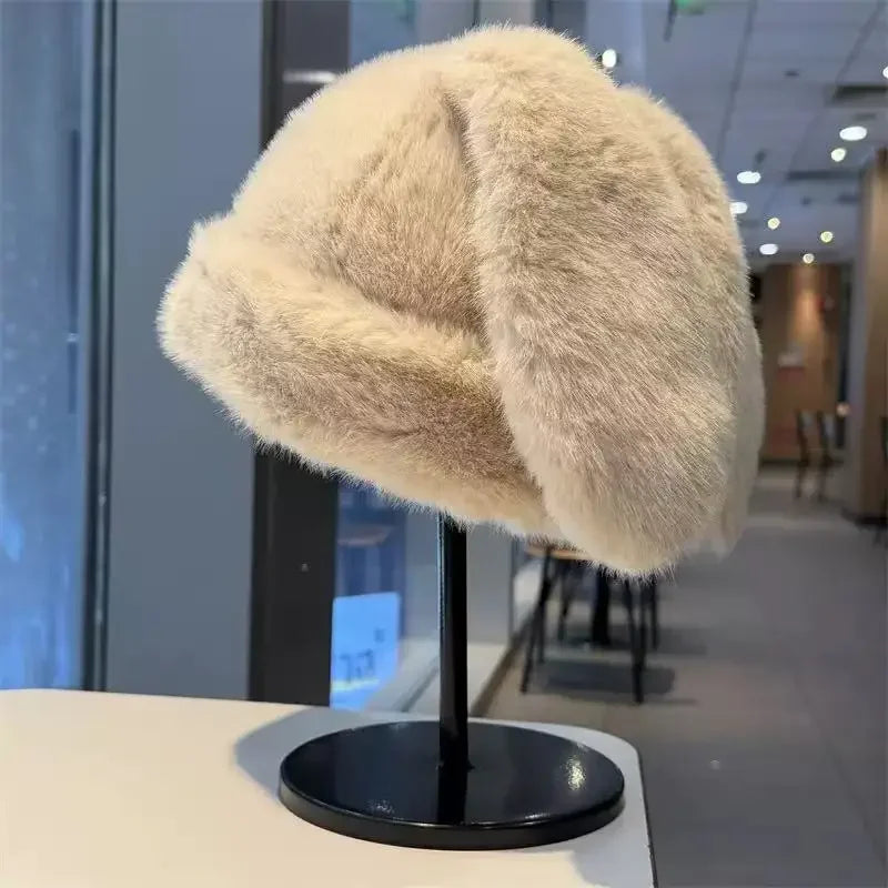 Women's Big Bunny Ear Trapper Hat - Fluffy Plush Rabbit Ear Winter Cap for Cosplay and Outdoor Wear