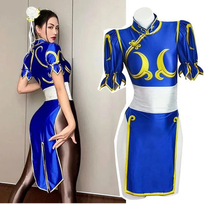 Women's Street Fighter Chun-Li Cosplay Costume – Blue Cheongsam Set