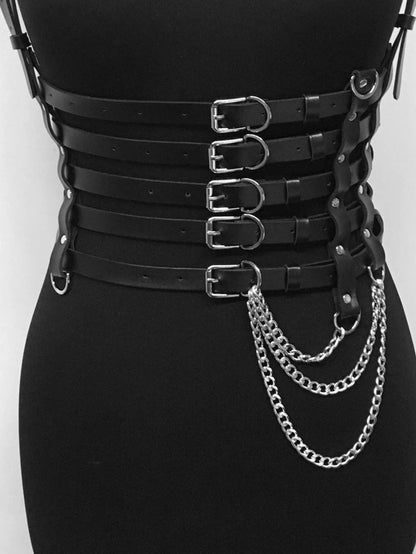 Gothic Punk Chain Body Harness Waist Belt for Women - Adjustable Faux Leather Cincher