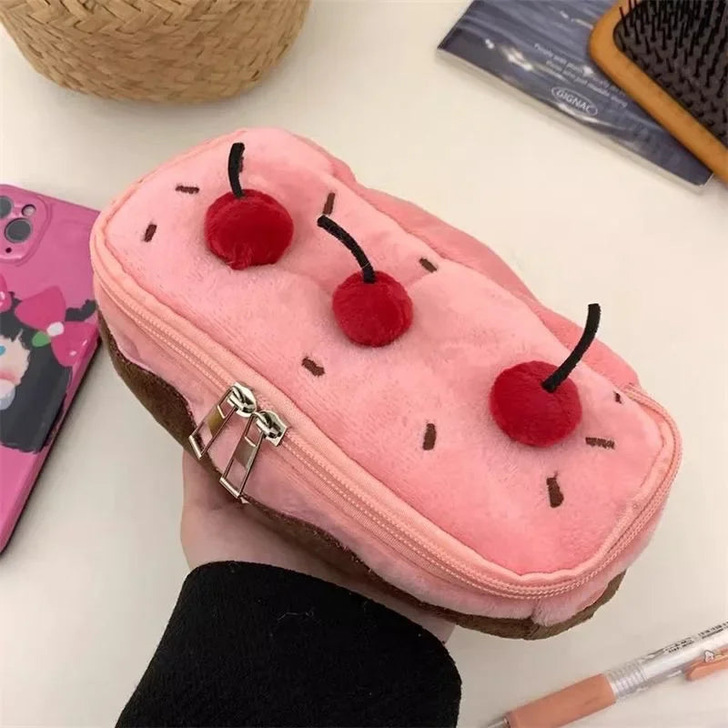 Cherry Cake Plush Pencil Case, Large Capacity Student Stationery Pouch Gift